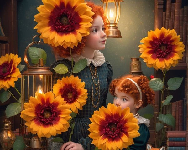 Cozy Vintage Library with Two Girls and Sunflowers