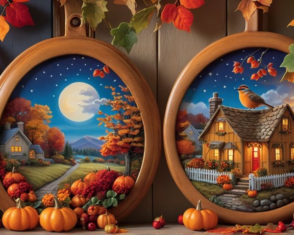 Circular Wooden Frames Showcasing Autumn Scenes