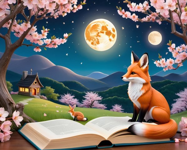 Open Book Surrounded by Cherry Blossoms and Moonlight