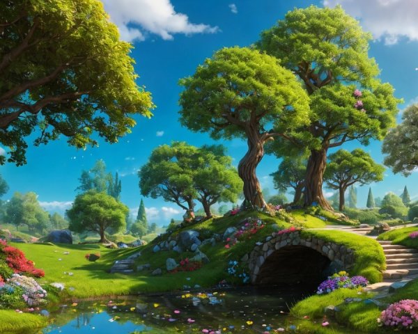 Vibrant Landscape with Stone Bridge and Serene Pond