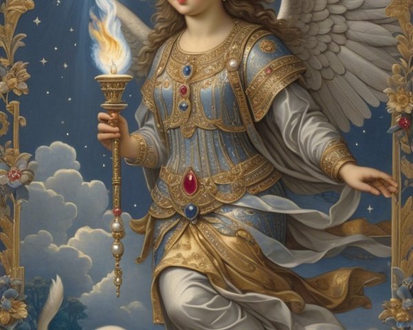 Celestial Figure in Armor with Puppy Under Starry Sky