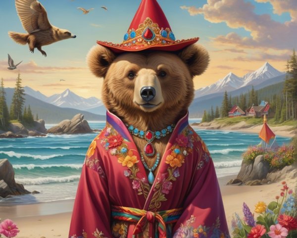 Bear in Ornate Robe at Serene Beach Scene