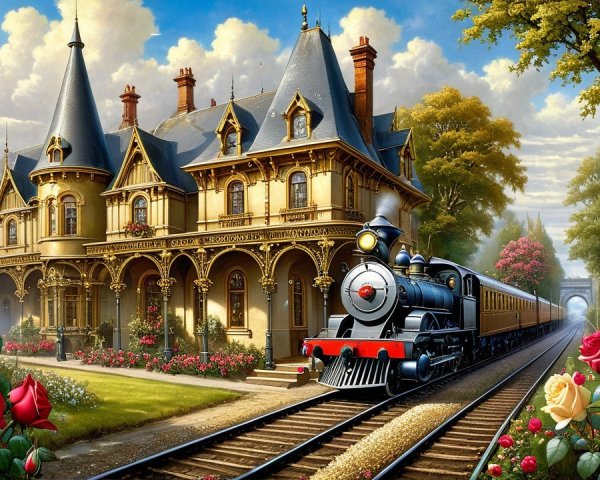 Steam Locomotive Near Ornate Mansion and Lush Garden