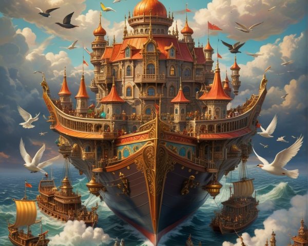 Fantastical palace-like ship on vibrant blue waters