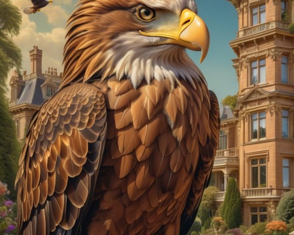 Majestic eagle and elegant mansion in tranquil setting