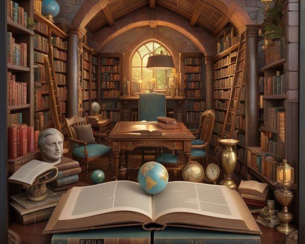 Classic library with wooden shelves and cozy decor