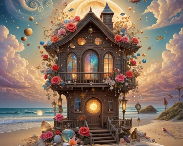 Whimsical Seaside Cottage Under Celestial Sky