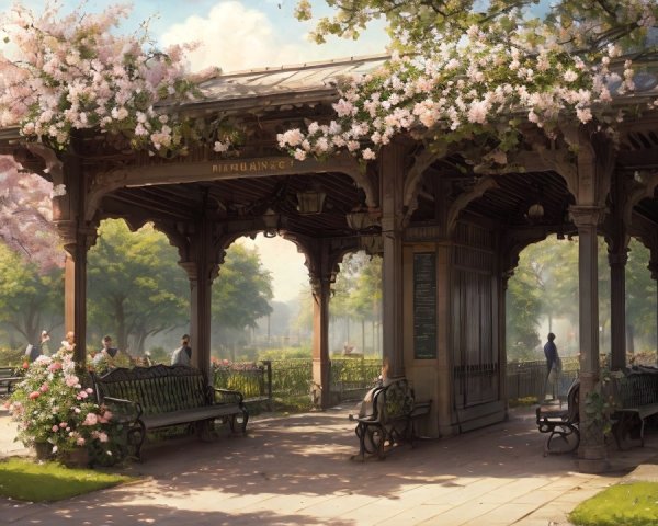 Ornate Gazebo Surrounded by Cherry Blossoms in Park