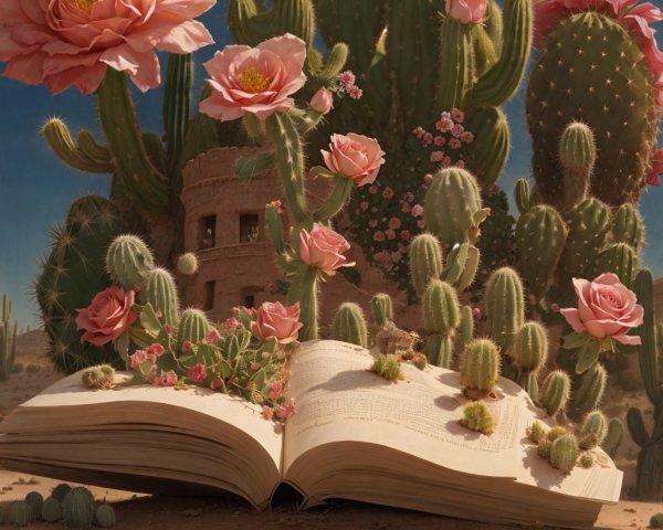 Open Book in Desert with Cacti and Flowers