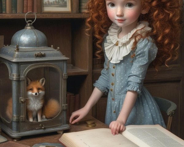 Young girl with red curls in a cozy library scene