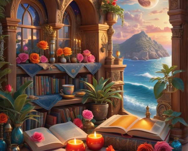 Cozy Reading Nook with Roses and Sunset View