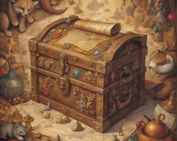 Ornate Treasure Chest Surrounded by Curious Animals