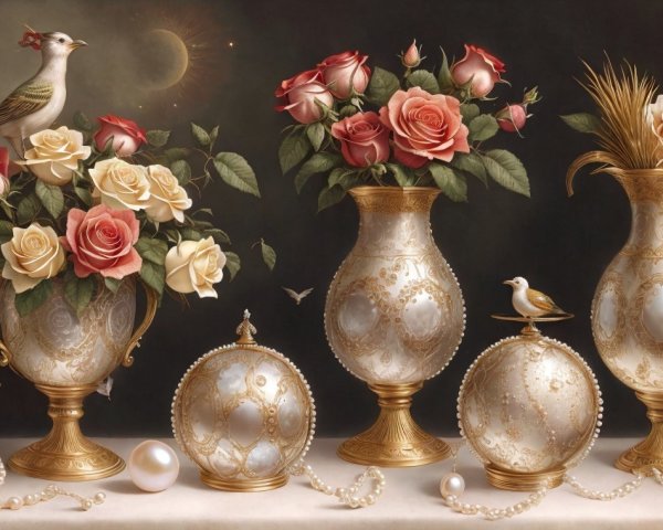 Elegant Still Life with Roses and Ornate Vases