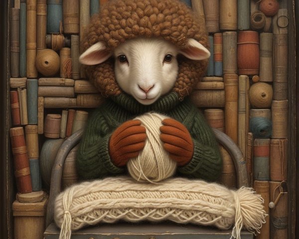 Whimsical Illustration of a Knitting Sheep on a Bench
