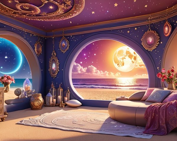 Dreamy Room with Round Windows and Beach Sunset