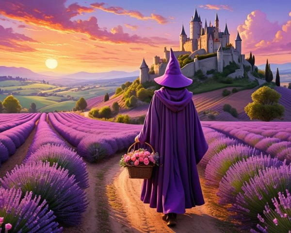 Enchanted figure in purple robe on lavender path