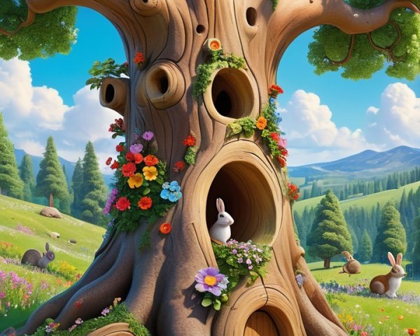 Giant whimsical tree with rabbits in a colorful meadow