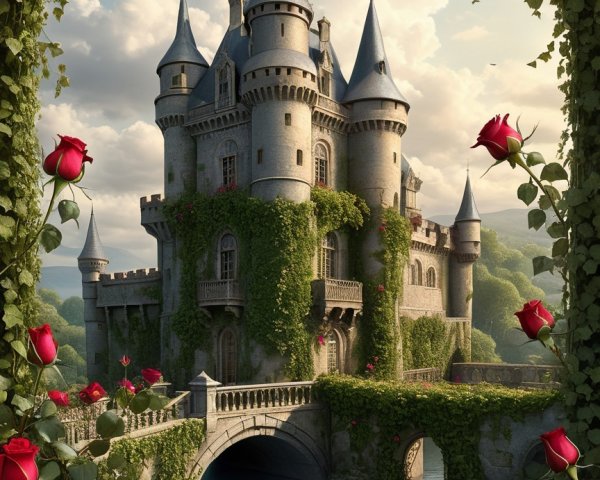 Majestic Castle Surrounded by Lush Greenery and Roses