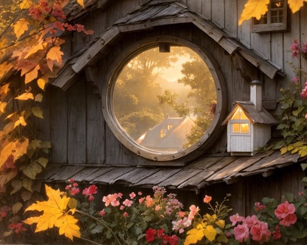 Whimsical Wooden House with Round Window and Garden View