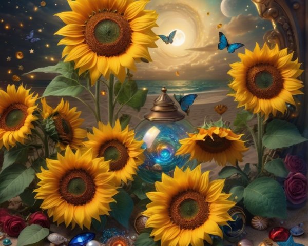 Vibrant Sunflowers with Seashells and Lanterns in Twilight