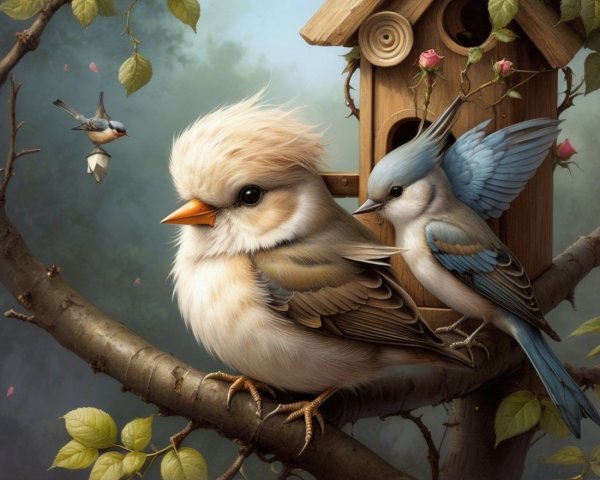 Birds on a Branch with Birdhouse and Roses in Nature