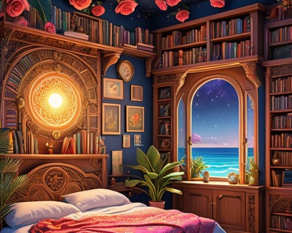Cozy bedroom with ornate ceiling and ocean view