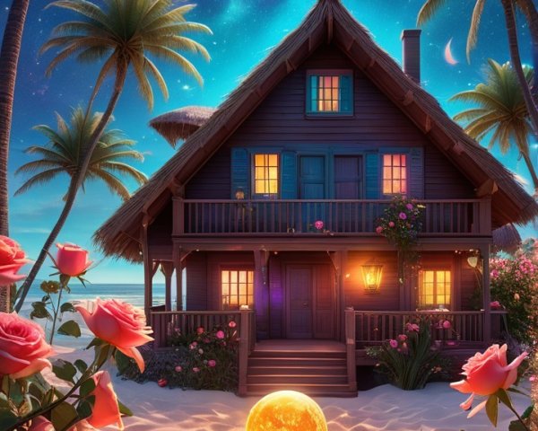 Serene Beach Scene with Wooden House and Night Sky