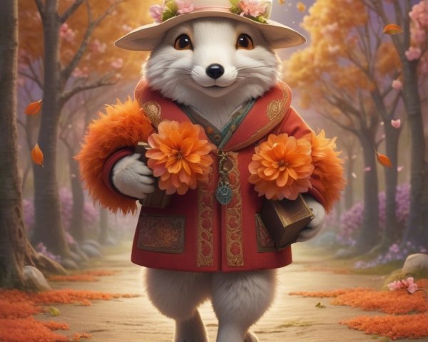 Charming fox character on autumn tree-lined path