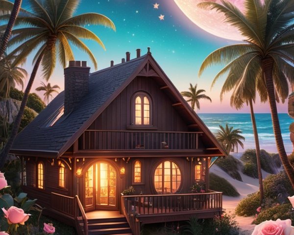 Wooden Cottage on Beach Under Starry Sky and Moon