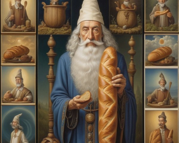 Wise Old Man in Blue Robes with Bread and Portraits