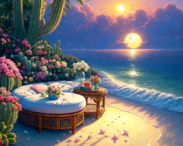 Serene Beach Sunset with Lounge and Floral Accents