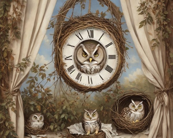 Whimsical Scene of Four Owls in Nature Setting