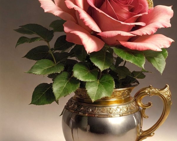 Close-Up of Pink Rose in Ornate Silver Vase