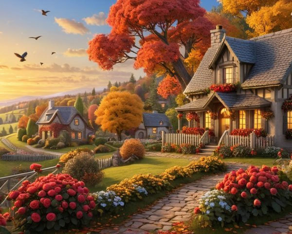 Charming Cottages Amidst Vibrant Autumn Foliage