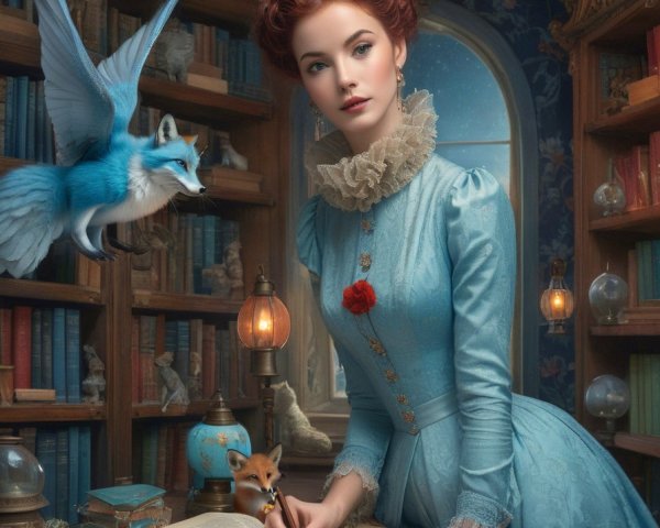 Whimsical Library Scene with Colorful Books and Lanterns