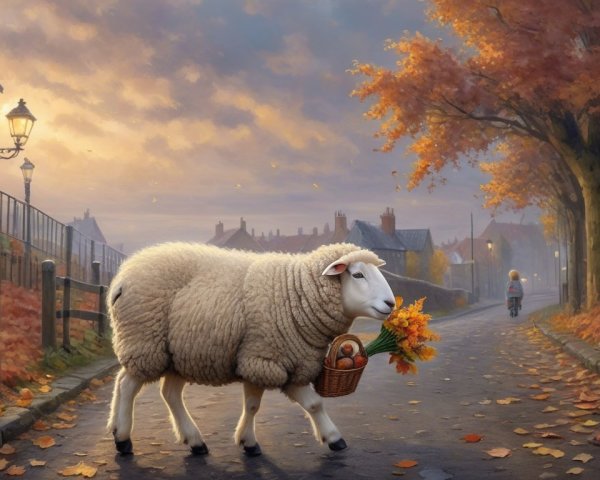 Fluffy Sheep with Flowers on Autumn Street Scene