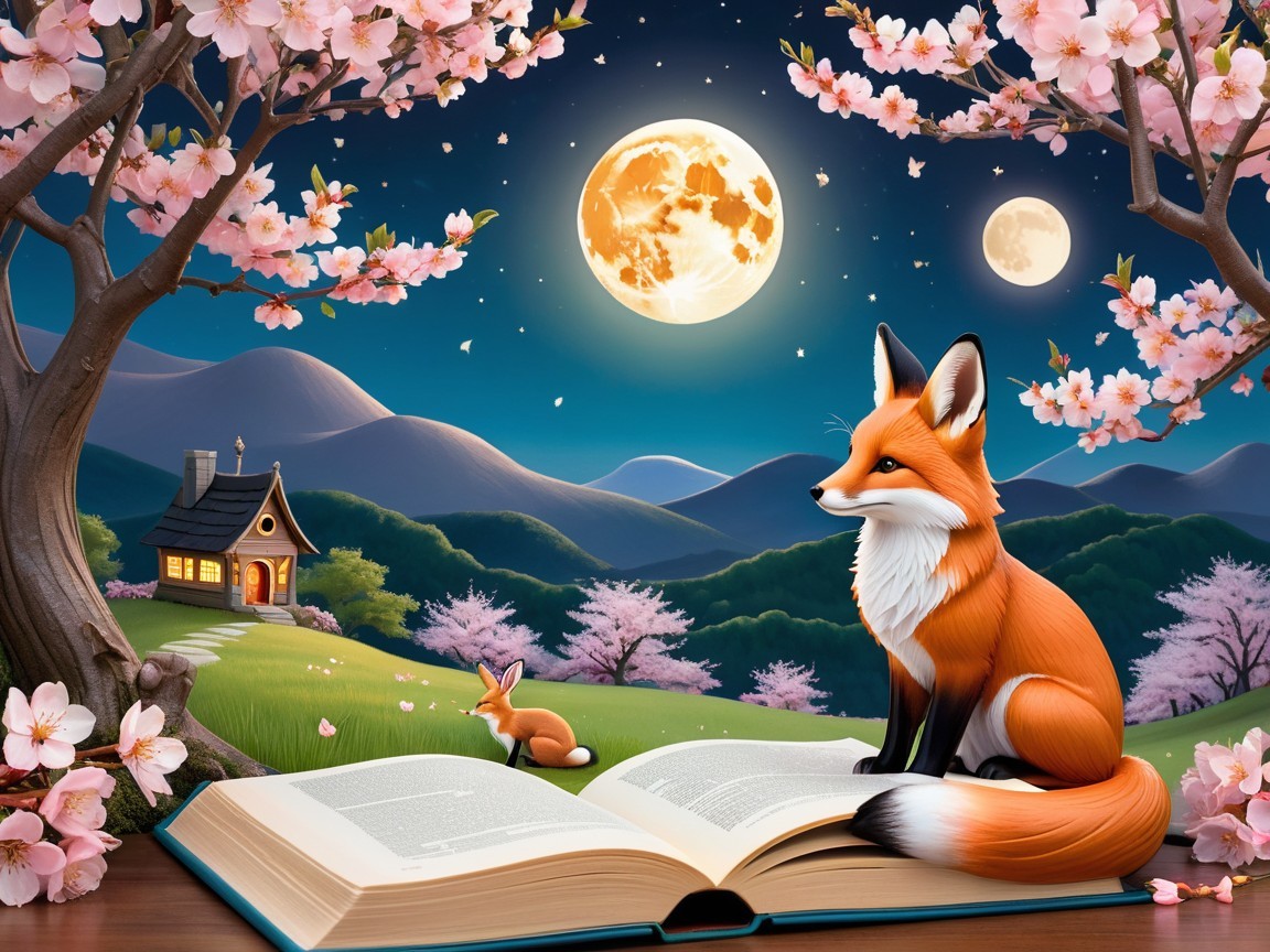 Open Book Surrounded by Cherry Blossoms and Moonlight