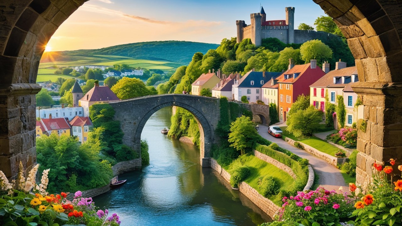 Picturesque River Scene with Colorful Houses and Castle