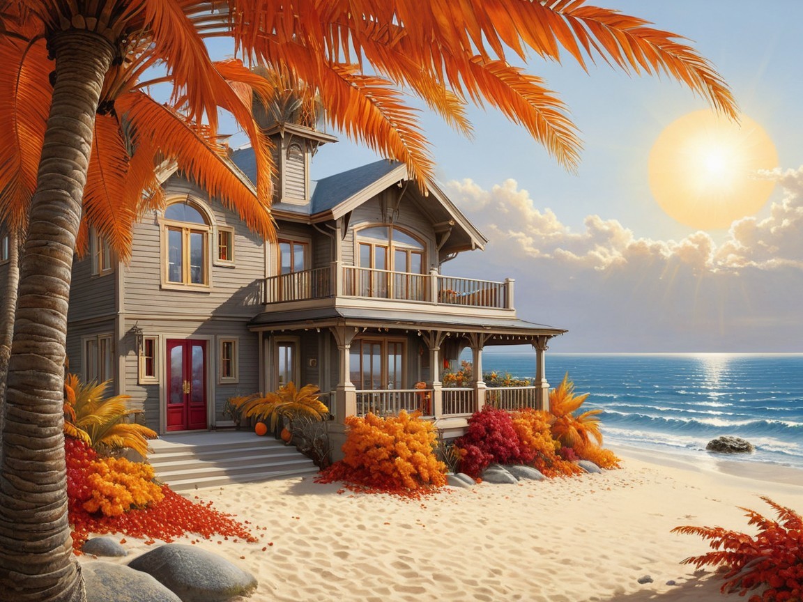 Seaside Cottage Surrounded by Autumn Foliage and Ocean