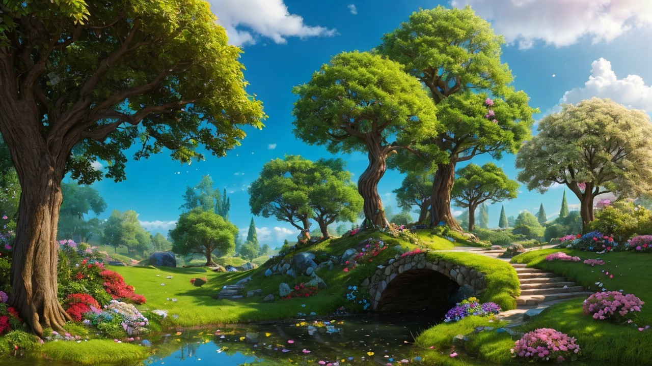 Vibrant Landscape with Stone Bridge and Serene Pond