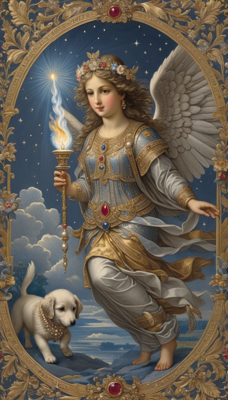 Celestial Figure in Armor with Puppy Under Starry Sky