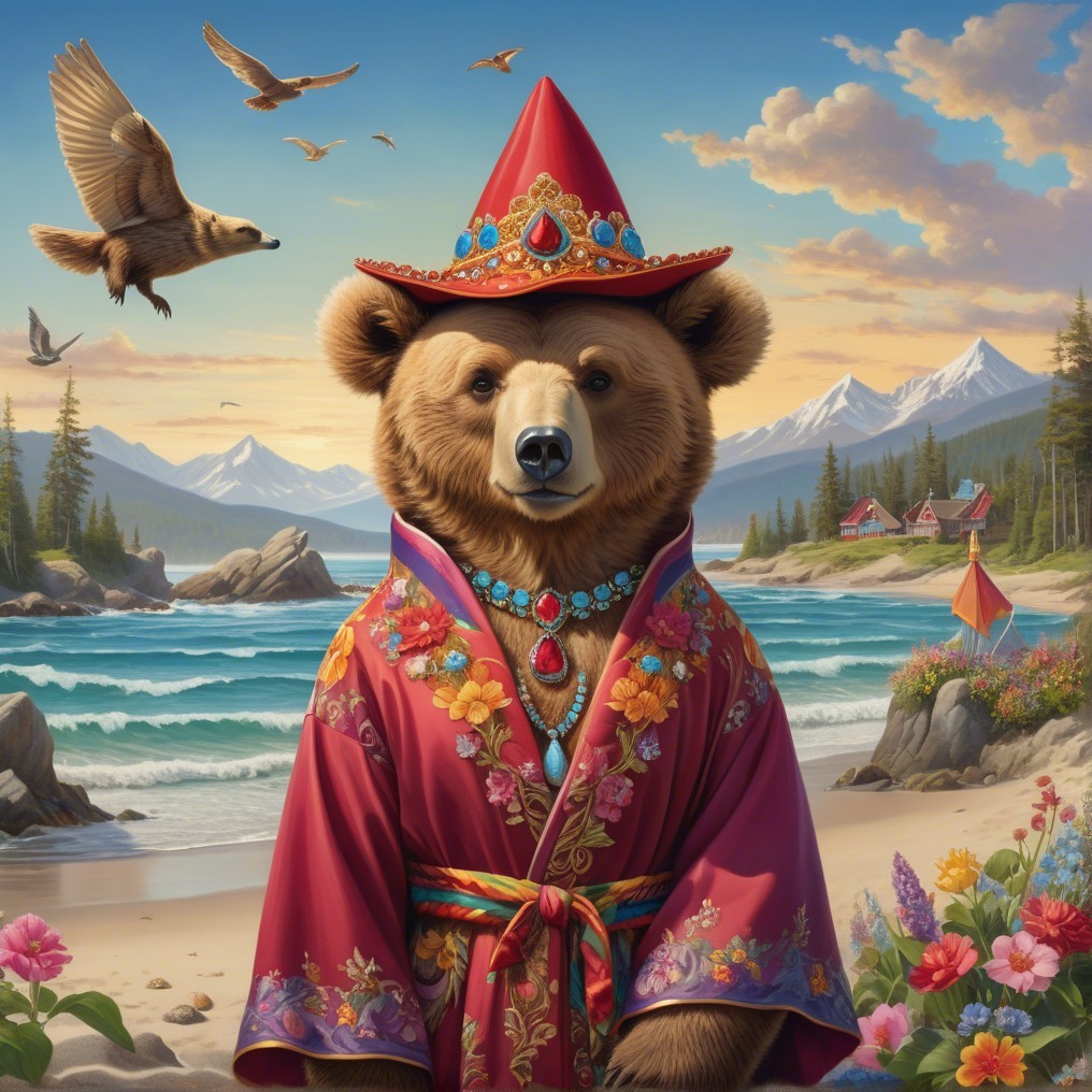 Bear in Ornate Robe at Serene Beach Scene