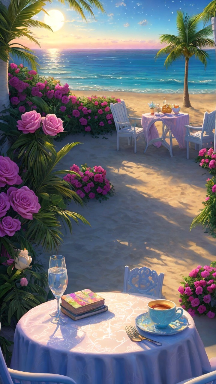 Beachfront Sunrise with Roses and Cozy Dining Setup