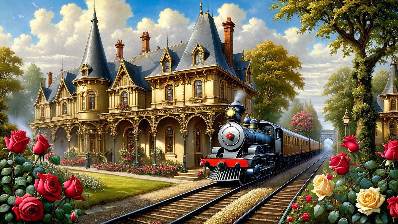 Steam Locomotive Near Ornate Mansion and Lush Garden