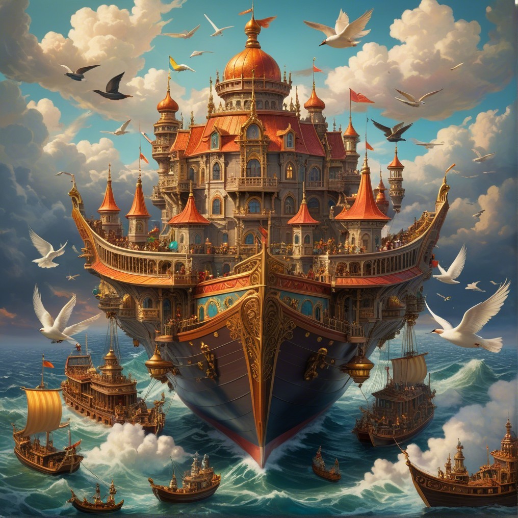 Fantastical palace-like ship on vibrant blue waters