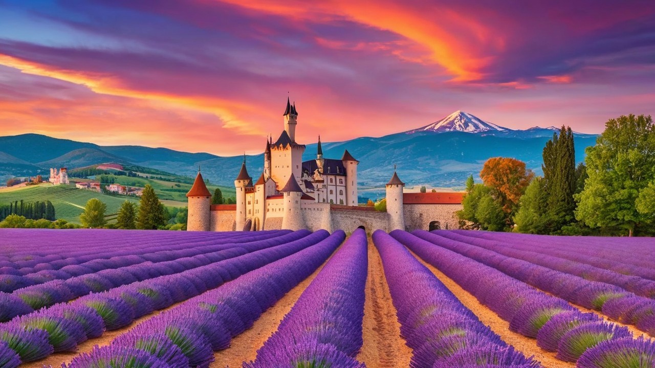 Lavender Fields and Castle at Sunset Landscape