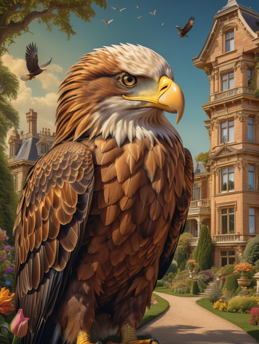 Majestic eagle and elegant mansion in tranquil setting