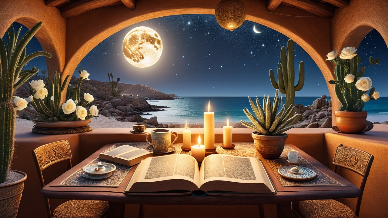 Serene Evening Scene with Table by Tranquil Beach
