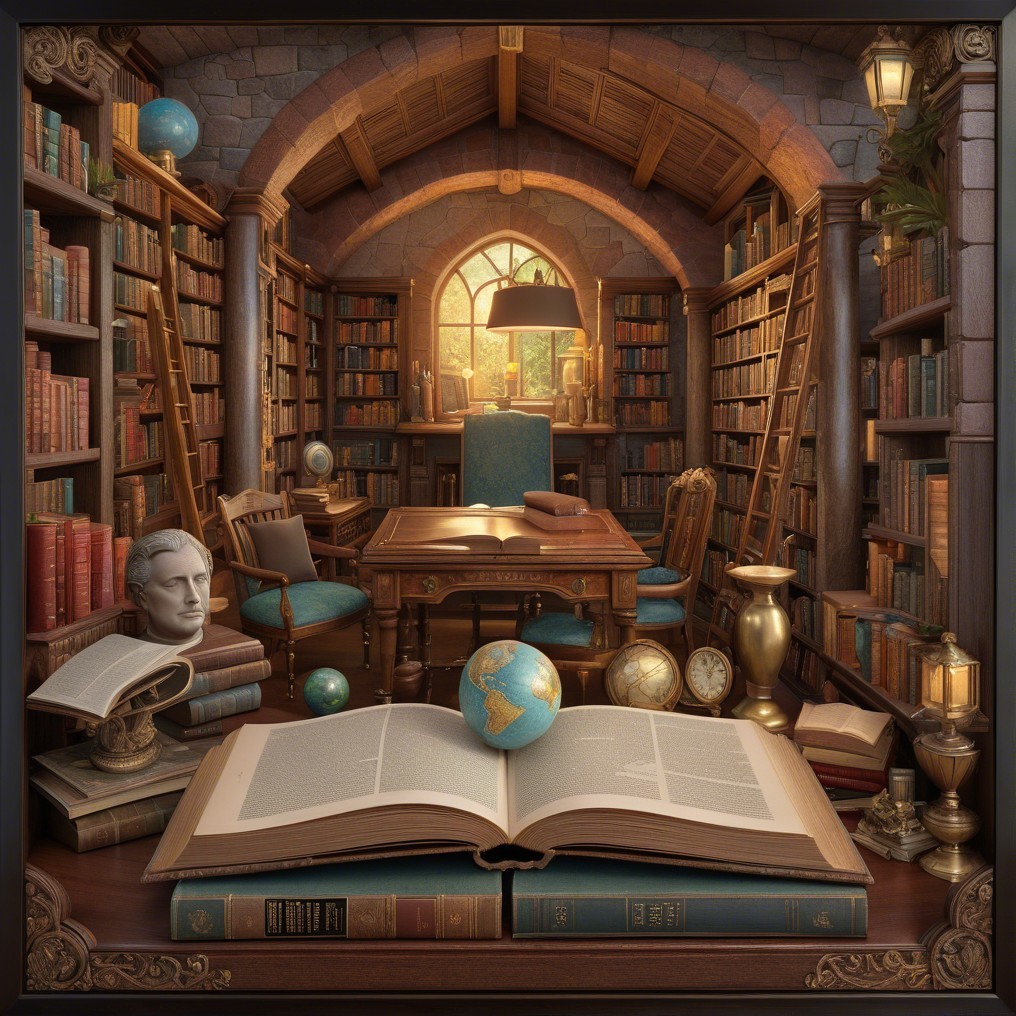 Classic library with wooden shelves and cozy decor