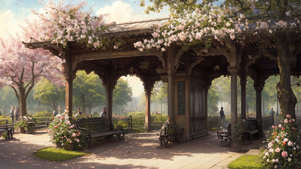 Ornate Gazebo Surrounded by Cherry Blossoms in Park